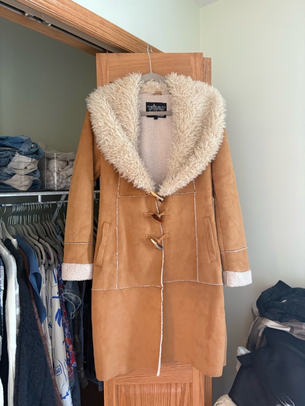 Women’s Tan Teddy Toggle Coat with Cream Sherpa Trim